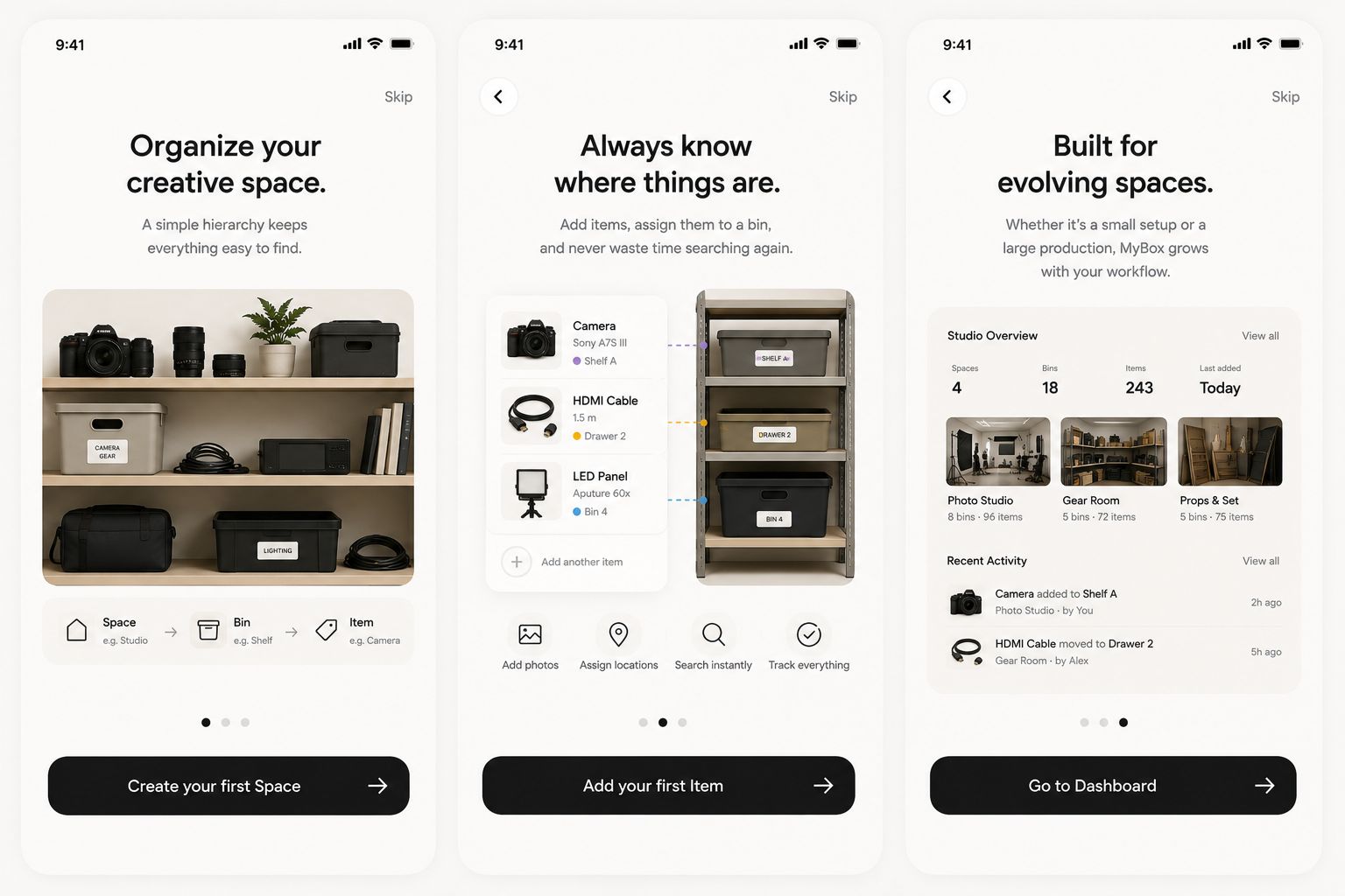 Onboarding flow showing three app screens side by side