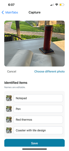 App screen identifying labeled items from a shelf photo
